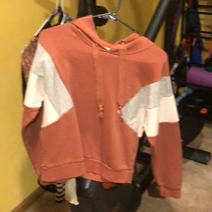 Hippie rose earth tone crop hoodie with gray and white detail, size medium